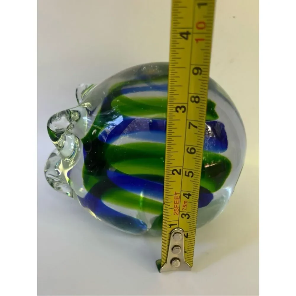 Vintage Murano Glass Pig Paperweight with Blue and Green Ribbon Motif
